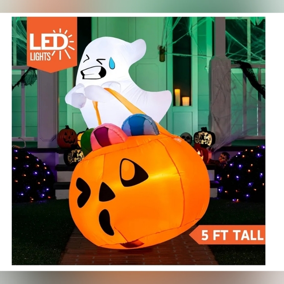Joiedomi 5 FT Halloween Inflatable Ghost in Pumpkin with Build-in LEDs Blow Up I - Picture 3 of 10